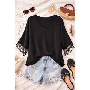 For Love & Lemon Women's High Low Fringe Blouse V-Neck 3/4 Sleeve Black Size S